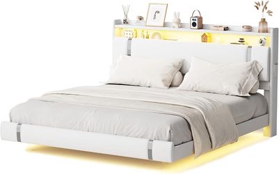 White King Size Floating Bed Frame with Storage Headboard, Modern Black King Size Bed Frame with LED Light