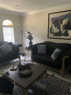 Designer Love Seats . Black New Upholstery . Light Wood Trim 