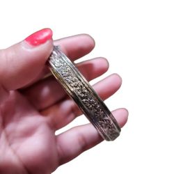 Vintage Silver Toned Etched Floral Hinged Bracelet
