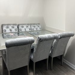 Modern Silver Dining Set – Glass Table + 6 Velvet Chairs