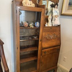 Antique Oak Secretary Drop Down Desk Glass Bookcase Curio Cabinet