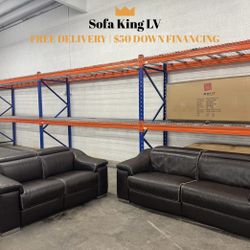 Free Delivery* Like New Domicil Brown Leather Sofa and Loveseat with Recliners! 
