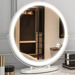 20" Large Makeup Vanity Mirror with Lights, LED Lighted Circle Mirror, High Definition Round Tabletop/Desk Mirror with 3 Color Dimmable Lighting Modes