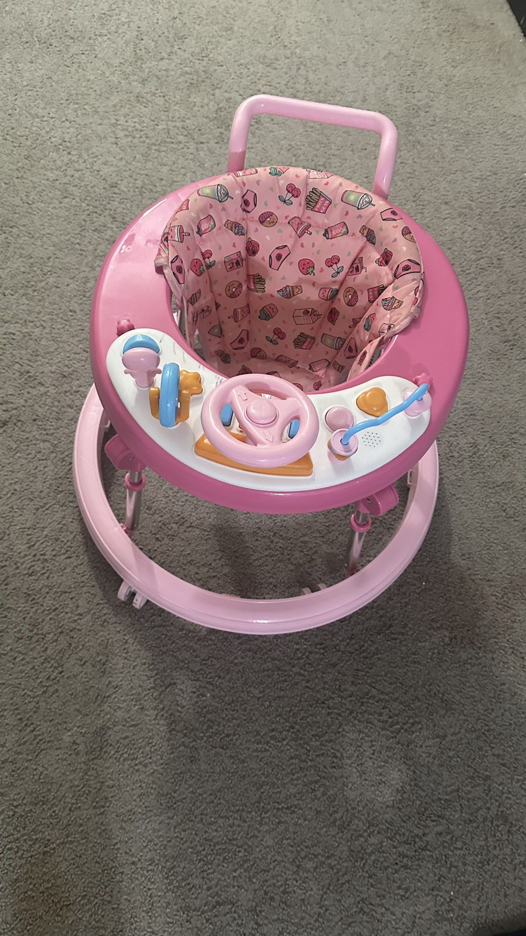 Pink Baby Walker with Toys & Adjustable Height