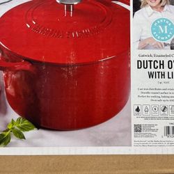 Martha Stewart 7Qt Round Red Enamel Cast Iron Dutch Oven W/ Lid