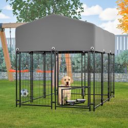 Dog Kennel Outdoor with Roof, 4.23'x5.82'x4.83' Welded Wire Enclosure, Heavy Duty Dog Crate with UV-Resistant Waterproof Cover, Double Lock & Rotating