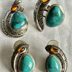 BBJ  SOUTHWEST TURQUOISE CITRINE GEMSTONE STERLING SILVER FEATHER EARRINGS PENDANT RING SET Size 7 ~  The ONLY 1 You can find ‼️ Price Is FIRM ‼️