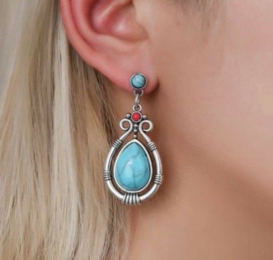 Blue Turquoise Water Drop Silver Dangle Boho Glamorous casual Earrings For Women's