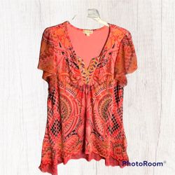 Live And Let Live Multi Color And Design Blouse w Sequins & Sheer Sleeves Wm 1X