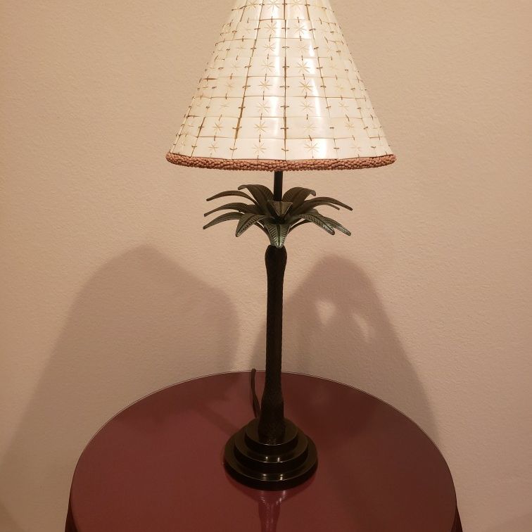28" Bronze Palm Tree Table Lamp w/Hand Carved Bone Tiles Shade