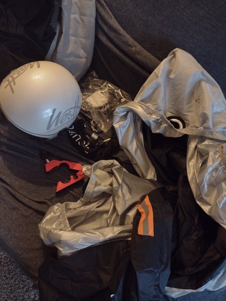 Motorcycle Moped Helmet, tarp cover, Two New Lock Chains, Lock,