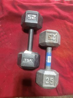 SET OF 25LB.  HEXHEAD DUMBBELLS TOTAL 50LBs   MIXED BRANDS 
11525 S HALSTED DUNKIN DONUTS/7111.S WESTERN WALGREENS  
45$  CASH ONLY AS IS