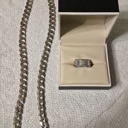 10K White Gold Natural Diamond Ring + 925 Sterling Cuban Chain (Heavy Set)
