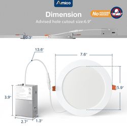 Amico 12 Pack 7 Inch 5CCT Ultra-Thin LED Canless Recessed Ceiling Light with Junction Box, 2700K/3000K/3500K/4000K/5000K Selectable, 15W=100W, 1300LM 