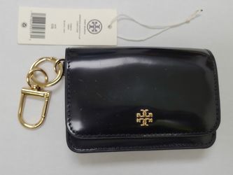 Tory Burch Flap Card Case Wallet Black Patent Leather Gold Key Chain