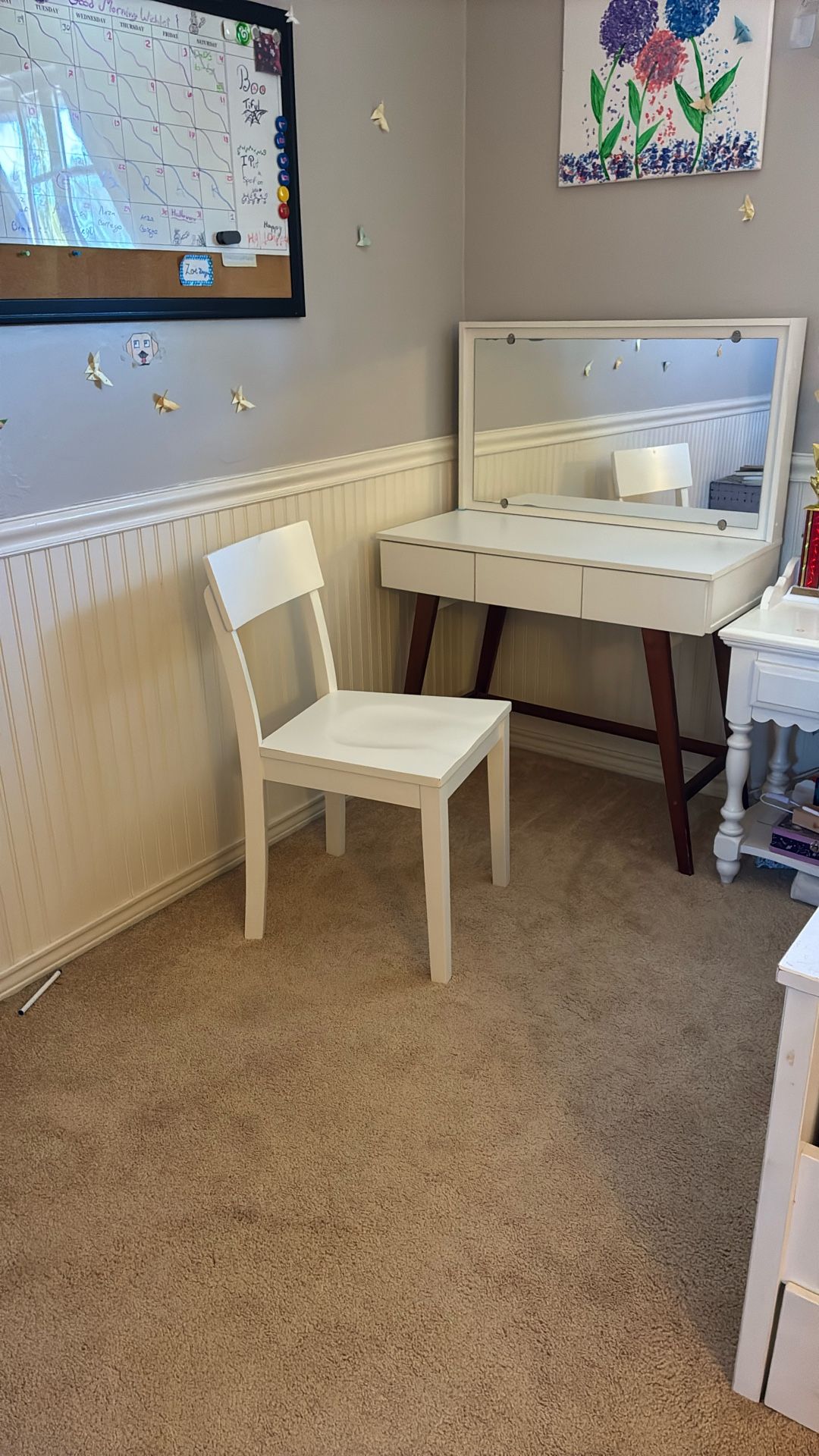 White Vanity With Wooden Chair