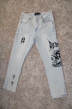 Rebel Vengeance Skull Graphic Slim Fit Jeans Light Wash Denim