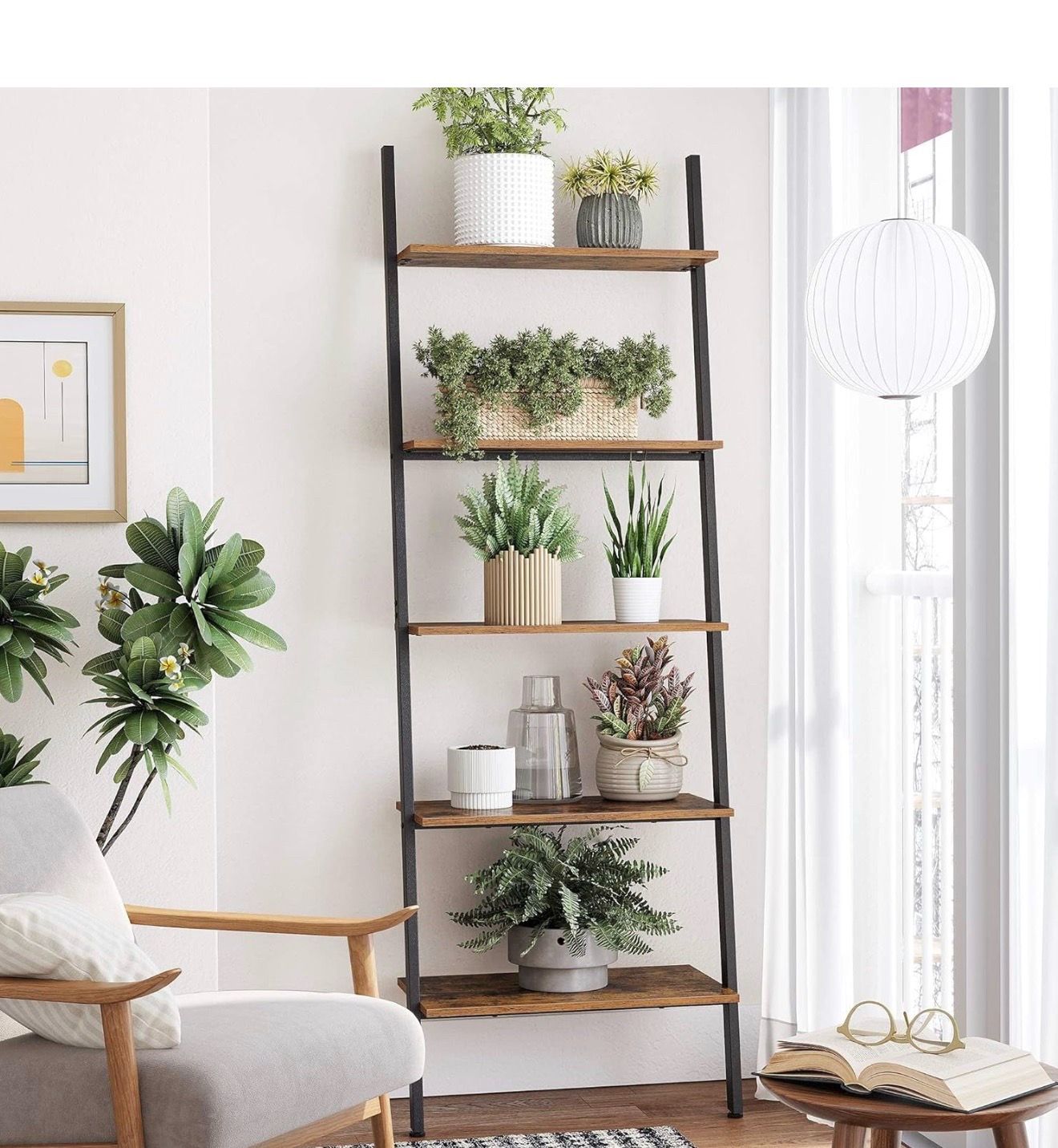 Ladder Shelf, 4-Tier Bookshelf, Storage Rack Shelves, for Living Room, Kitchen, Office, Steel, Stable, Sloping, Leaning Against The Wall, Industrial,