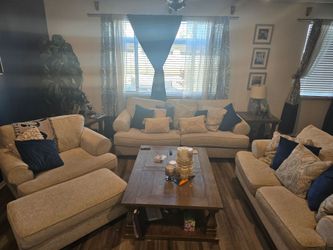 Cloth Couch and Love Seat Set and White Leather Chaise
