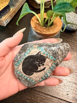 Hand-Painted Black Cat Rock Art