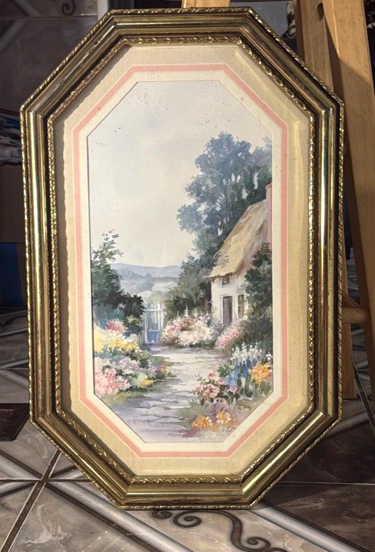 Vintage Watercolor Landscape Painting with Cabin and Flowers (22x15)