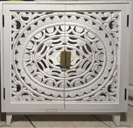 White Carved Wood Cabinet with Brass Hardware