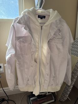 White Denim Jacket with Hoodie – Trendy Layered Style (Size 1X)