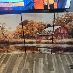 Three pieces large canvas painting of mountains and nature