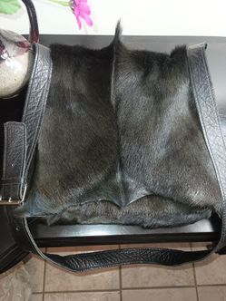 Genuine Black Goats Skin Purse, Glossy Dark Fur,  Leather Crossbody, Homemade, 12x 11 x  1 1/2, UNISEX, $20.00
