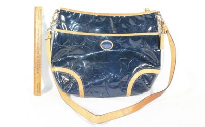 Authentic COACH Peyton Signature Navy Blue Embossed Patent Leather Tote Bag
