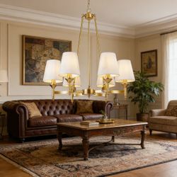 Antique Gold 6-Light Chandelier with Fabric Shades