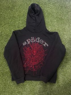 Sp5der Black Hoodie Red Rhinestone Web