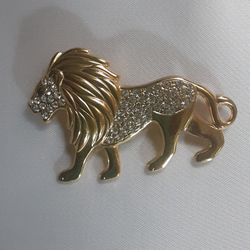 Lion Brooch Pave Crystals Goldtone