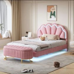 LED Floating Bed Frame Full Size with Ottoman, 