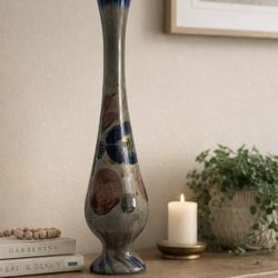 Vintage Tonala Pottery Vase Hand Painted Mexican Folk Art 14” Tall