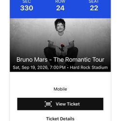 Bruno Mars 2026 Miami Concert Ticket – Section 330, Row 24, Seat 22 