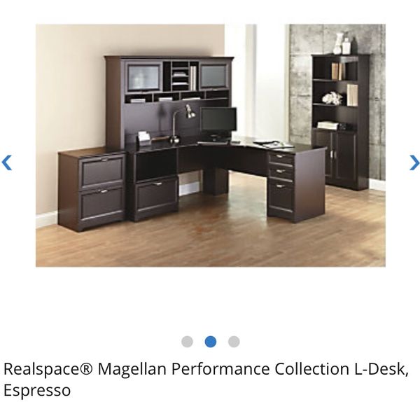 New Still In Box Magellan L Shaped Desk Hutch And File Cabinet