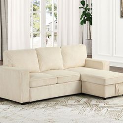 Beige Sofa Sectional w/ Pull- Out Sleeper & Storage In Chaise 