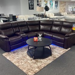 Brown Reclining Sectional With LED Lighting $999