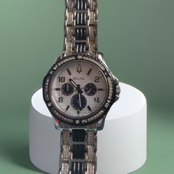 Bulova Mens watch chronograph black silver stainless 98C005 Crystals day date

