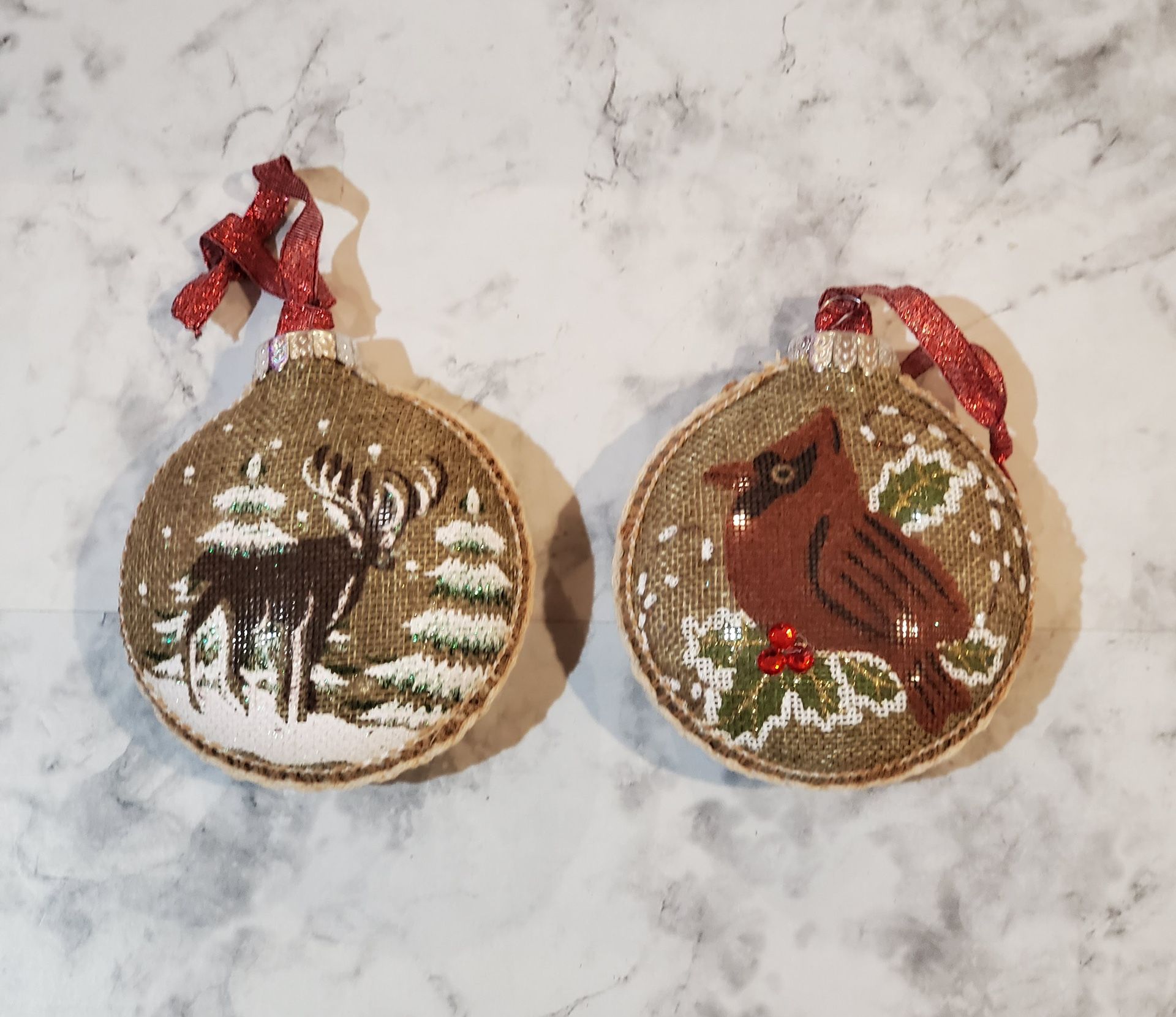 Burlap Christmas Ornaments Country Rustic Deer & Cardinal Set of 2 Decor
