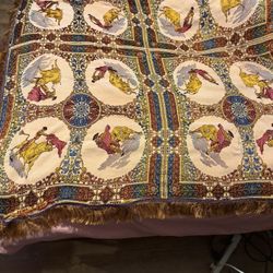 Vtg Embroidered Silk Spanish Bullfighter Textile Fringe Wall Hanging Tablecloth