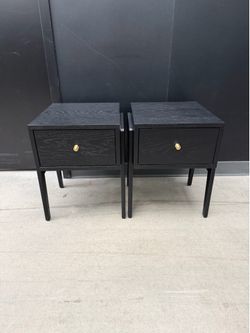 Set of 2 Black Oak Nightstands | Brass Knob Pulls | 1-Drawer | Mid-Century Modern
