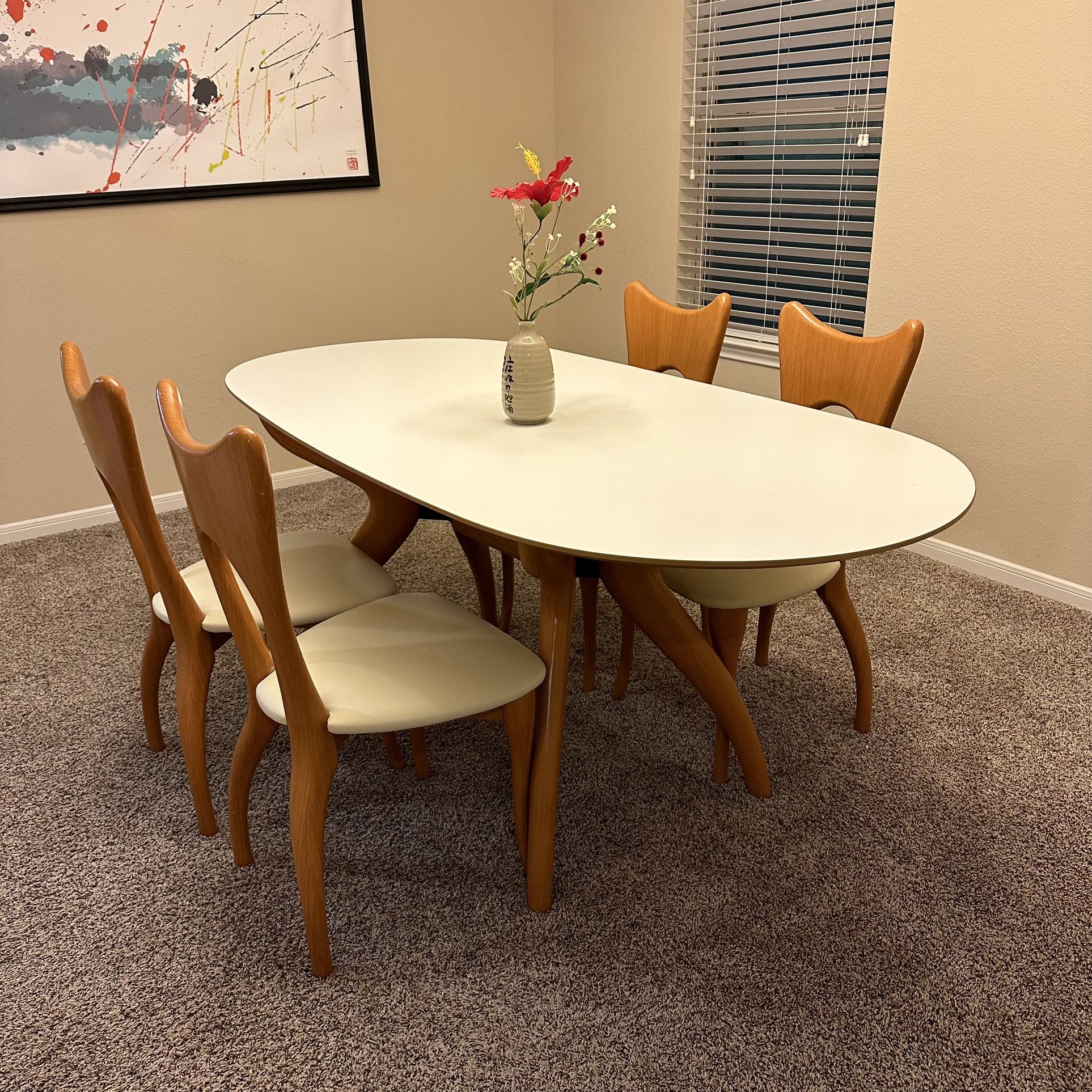 EUC Dining Table Set 4 Chairs White Wood Legs Mid Century Modern
