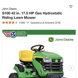 John Deere S100 42 in. 17.5 HP Gas Hydrostatic Riding Lawn Mower - 8.3 Hours!