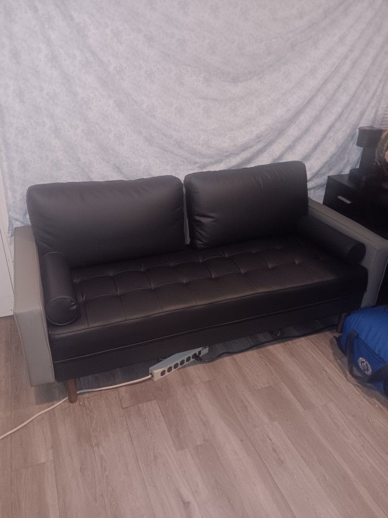 Black Faux Leather Couch Long