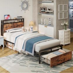 Industrial Twin metal Bed Frame with Storage Headboard