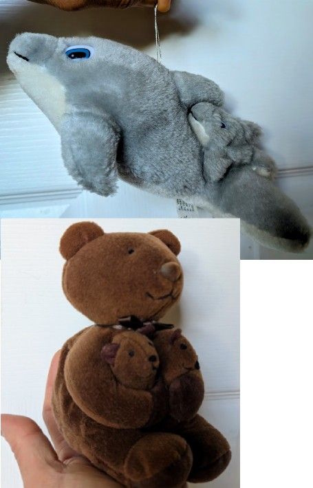 baby shower decorations gifts: mini plush stuff animals: mama dolphin and mommy beanie bear with baby
