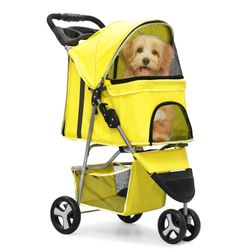 MoNiBloom Dog Stroller 3 Wheel Foldable Cat Stroller with Storage Basket, Cup Holder and 360° Swivel Front Wheel for Small Medium Dogs, Yellow