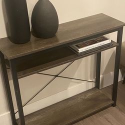 Console, Entryway/Accent Table With 2 Additional Shelves Westherwod Finish and Black Metal Accent W32.5"xD10.5"xH28"
